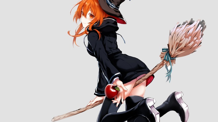 orange hair, bangs, apples, simple background, looking at viewer, thigh, highs, orange eyes, boots, white background, smiling, original characters, fruit, broom, high heels, solo, long hair, hat, looking back, ribbon, witch