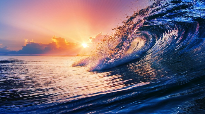 sunset, water, sea, waves, nature, clouds, colorful
