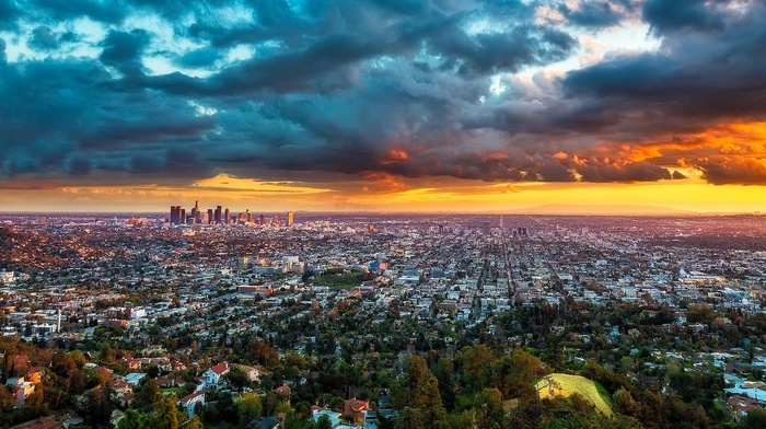 cityscape, landscape, panoramas, urban, skyscraper, sunset, clouds, california, los angeles