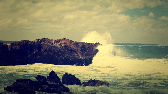 rock, overcast, landscape, sea, waves, crash