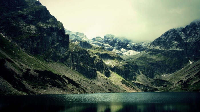 landscape, frost, mountain, lake, overcast