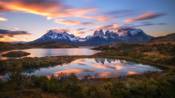 landscape, island, long exposure, snowy peak, lake, hill, trees, mountain, reflection, Patagonia, water, field, sunset, snow, Chile, clouds, nature