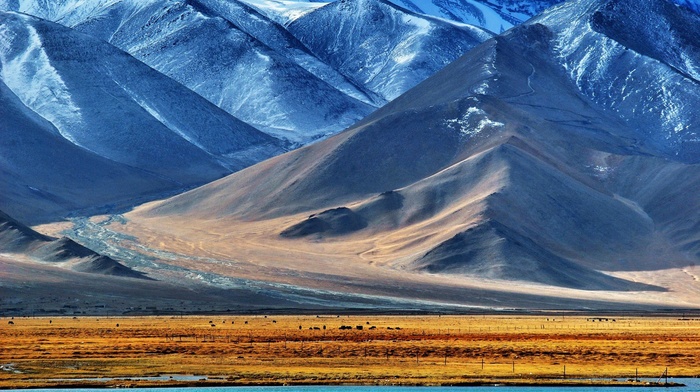 Pamir Mountains, nature, valley, Tajikistan, hill, mountain, animals, lake, snow, water, field, snowy peak, landscape, fence