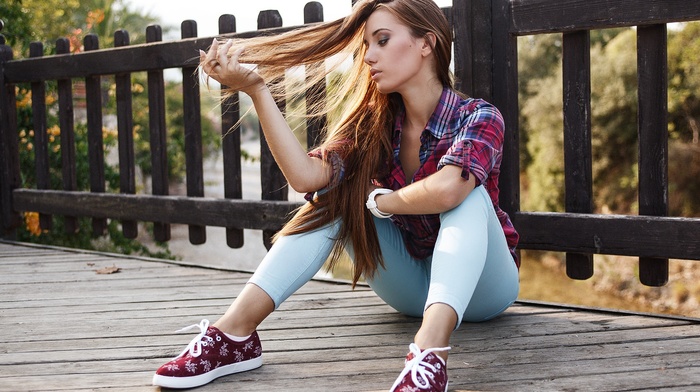 shoes, sitting, girl, hands in hair, wooden surface, model
