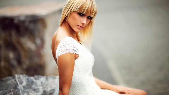 rock, girl, model, sitting, blonde, white dress
