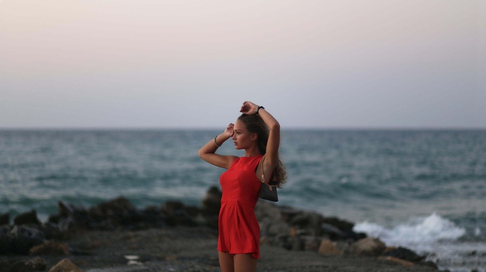 girl, sea, looking away, model, red dress