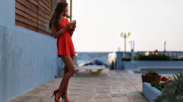 high heels, red dress, cellphone, girl, model