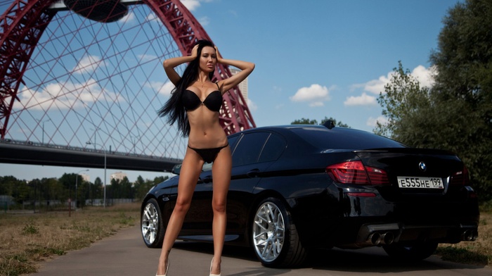 high heels, skinny, black lingerie, car, girl outdoors, black hair, model, Marina Morozkina, hands in hair, girl