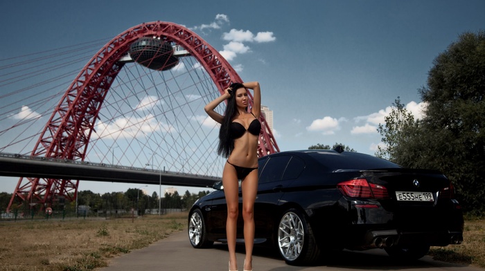 skinny, car, Marina Morozkina, black hair, black lingerie, girl, model, hands in hair, high heels