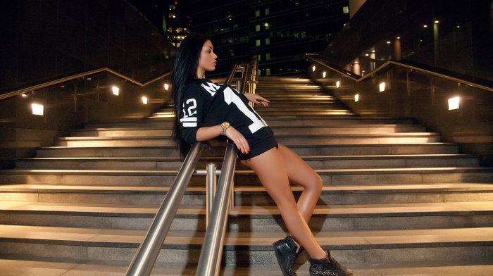 stairs, model, girl, shoes, sitting, sports jerseys