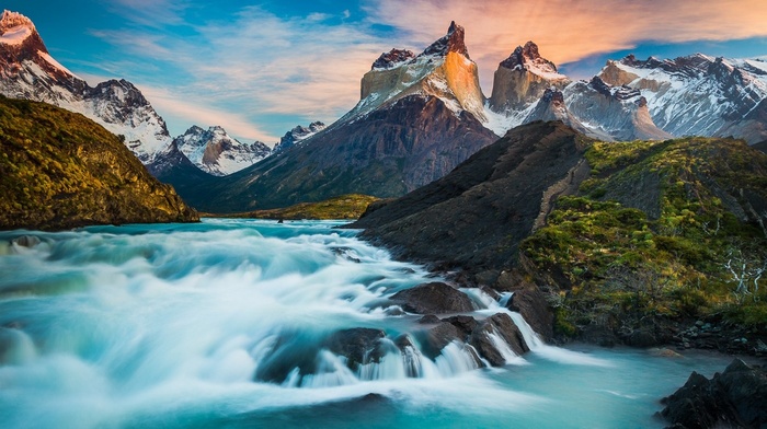 nature, snowy peak, horns, Chile, mountain, river, waterfall, Torres del Paine, turquoise, long exposure, fall, sunrise, landscape, water