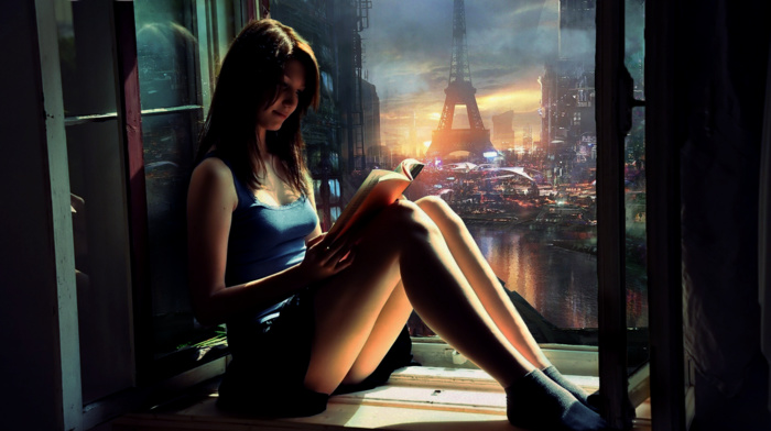 window, girl, brunette, reading, legs