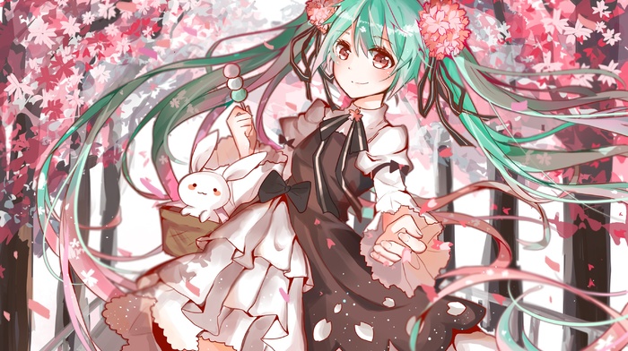 cherry trees, Hatsune Miku, long hair, Vocaloid, flower in hair, anime, twintails, flower petals, dress, anime girls, cherry blossom, ribbon, rabbits