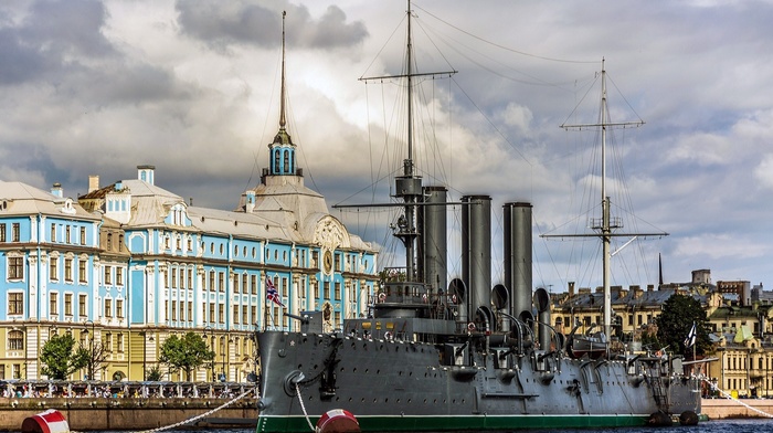 flag, window, cruise ship, Russia, Leningrad, chains, building, St. Petersburg, Aurora, trees, battleships, water, clouds, ship, shipyard, old building, city