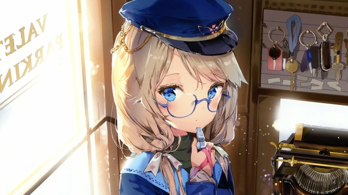 glasses, bangs, twintails, anime girls, blushing, looking at viewer, solo, blue eyes, hat, ribbon, original characters, whistle, keys, blonde, long hair, hair ornament