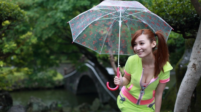 girl, cleavage, umbrella, Asian