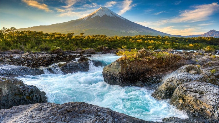 rapids, sunset, mountain, snowy peak, trees, river, volcano, clouds, landscape, Chile, nature
