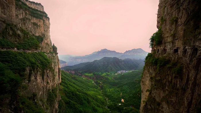 nature, canyon, shrubs, village, valley, sunrise, landscape, China, cliff