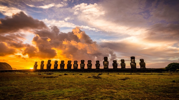 sunrise, Chile, nature, landscape, statue, clouds, Rapa Nui, enigma, grass, Moai, island