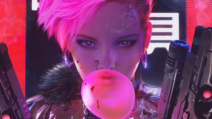 futuristic, pink hair, cyberpunk, bubble gum