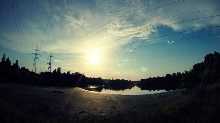 utility pole, power lines, nature, clouds, sunlight, wire, lens flare, sky, landscape, water, lake