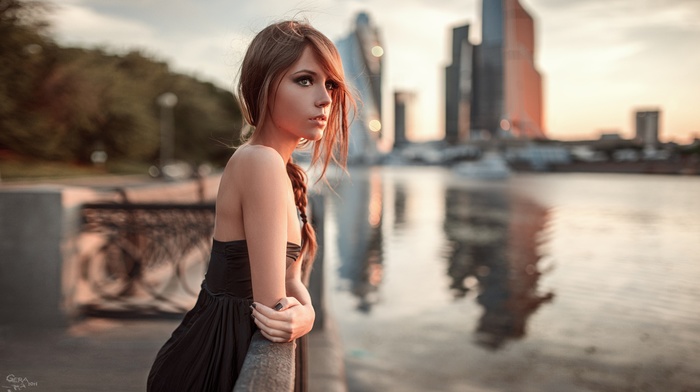 girl, portrait, river, city, model, face