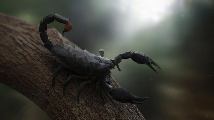 digital art, depth of field, wood, nature, low poly, scorpions, branch, trees, animals