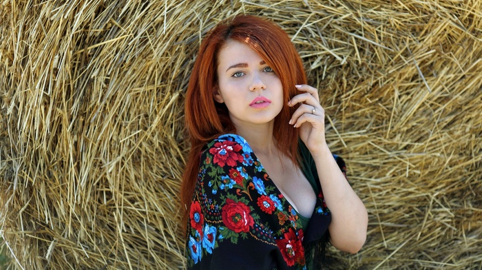 girl, redhead, model, hay, face, cleavage, portrait