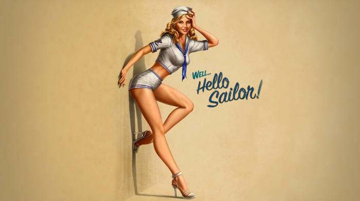 sailors, girl, stiletto, looking at viewer, text, short shorts, smiling, drawing, blonde, simple background, hands in hair, shorts, belly, high heels, shadow, ass