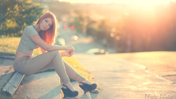 girl, sitting, model, jeans, girl outdoors, redhead, sunset