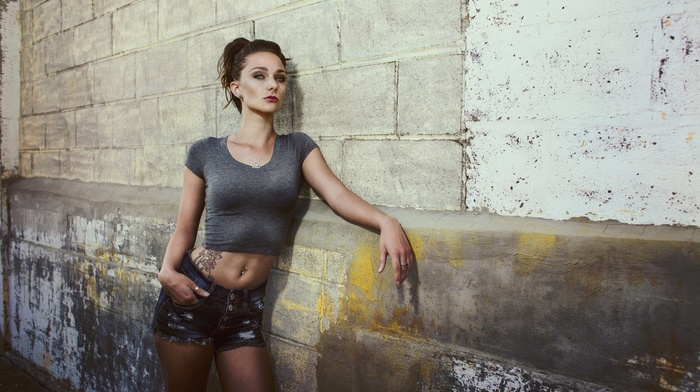 jean shorts, girl, model, tattoo, walls