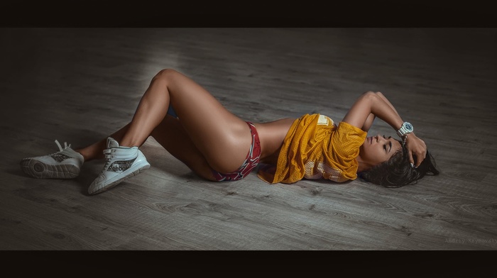 girl, hands in hair, on the floor, wooden surface, closed eyes, ass, model, shoes