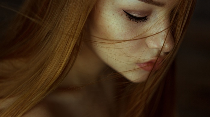 girl, depth of field, freckles, face, redhead, model, closed eyes, portrait, long hair