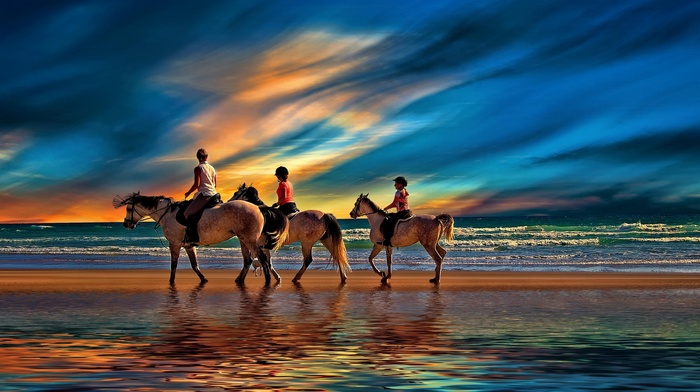 family, clouds, horse, sunset, water, nature, sand, landscape, sea, beach
