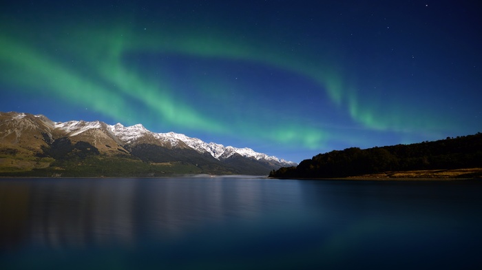 mountain, lake, night, sky, aurorae