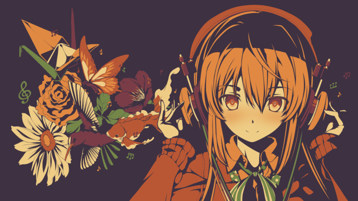anime, headphones, original characters, flowers