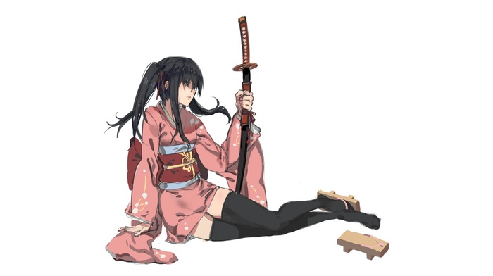 sword, black hair, white background, kimono, katana, Japanese clothes, Yagyuu Kyuubei, anime, weapon, simple background, thigh, highs, anime girls, Gintama