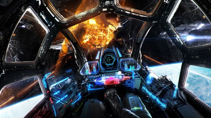 science fiction, digital art, cockpit, space, futuristic