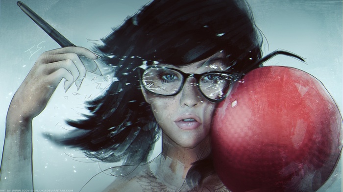 artwork, glasses, black hair, girl, ball, girl with glasses, DeviantArt
