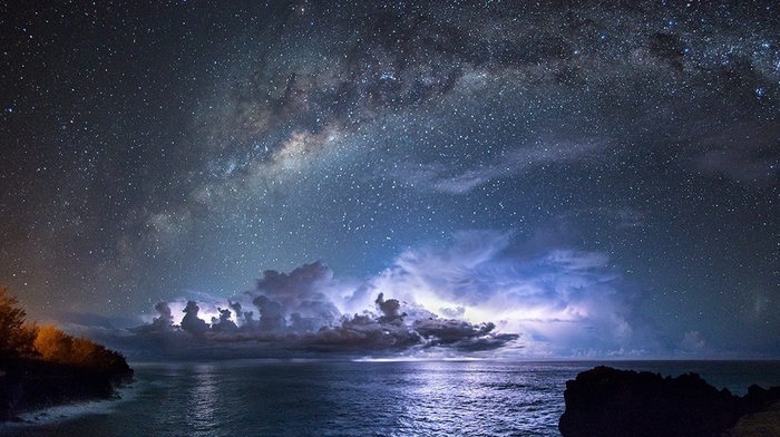space, Milky Way, galaxy, sea, long exposure, lights, starry night, nature, clouds, coast, landscape