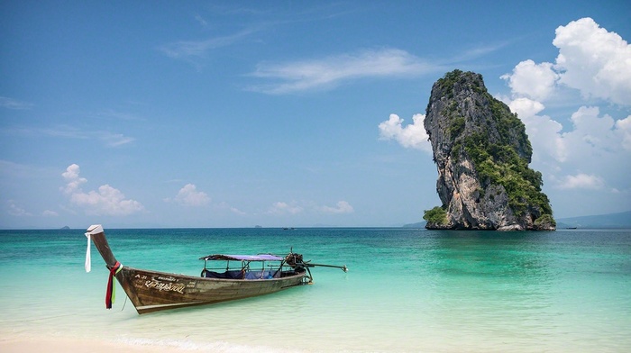 island, clouds, water, rock, tropical, sand, Thailand, boat, sea, landscape, nature, beach, calm