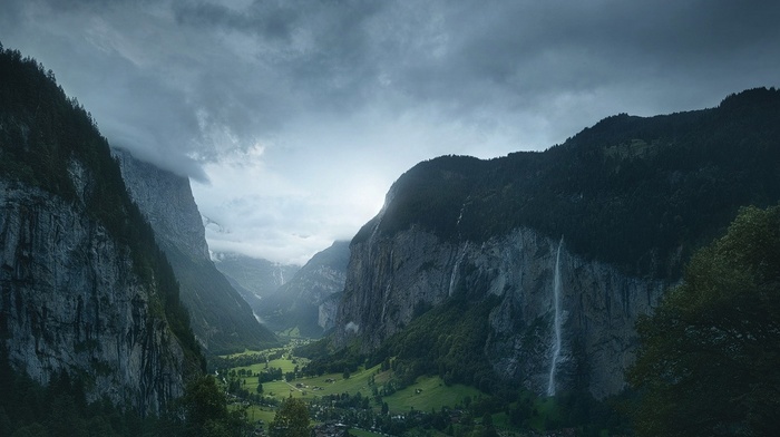 landscape, village, valley, clouds, forest, mountain, mist, waterfall, nature, morning, Switzerland