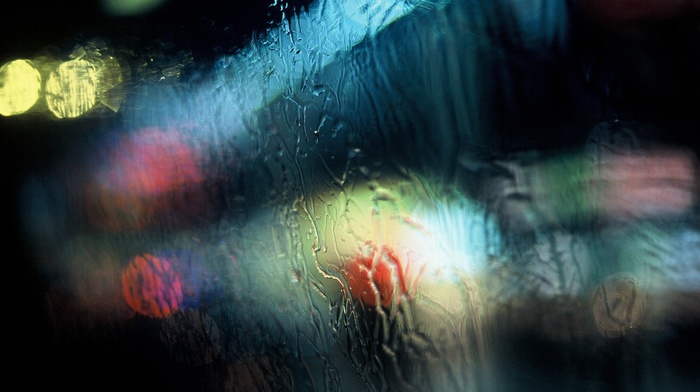 rain, lights, traffic lights, water on glass, window