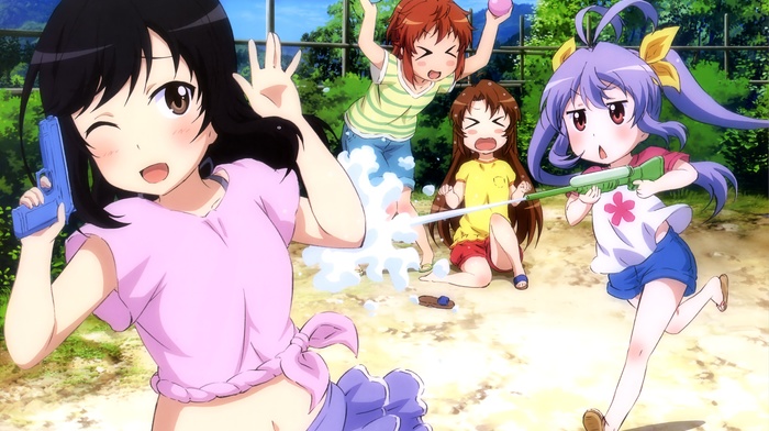water guns, Koshigaya Natsumi, anime girls, Koshigaya Komari, Non Non Biyori, Miyauchi Renge, Ichijou Hotaru