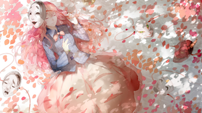pink hair, touhou, anime girls, cherry blossom, mask, closed eyes, anime