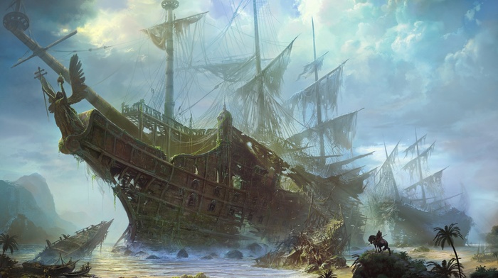 ruin, artwork, drawing, shipwreck, ship, tropical, digital art