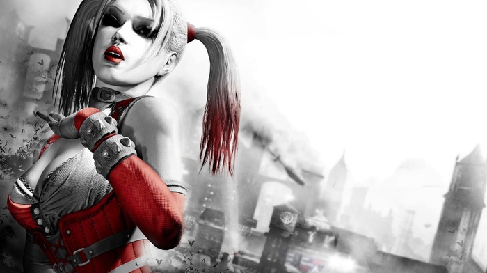 Harley Quinn, video games, cleavage, drawing, Batman Arkham City
