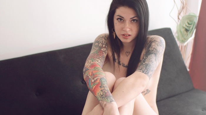 tattoo, brown eyes, couch, brunette, girl, model, freckles, black hair, long hair, Cra Suicide, nude
