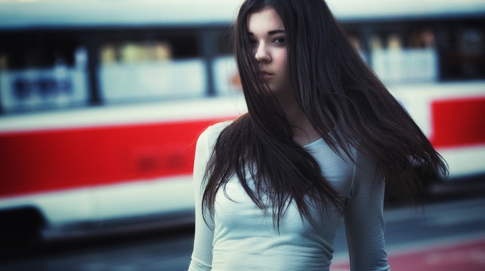 portrait, brunette, face, girl, long hair