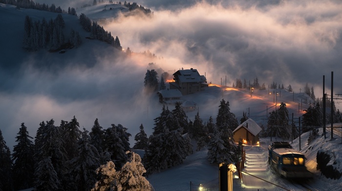 mist, landscape, Switzerland, sunset, village, winter, snow, train, lights, nature, trees, hill
